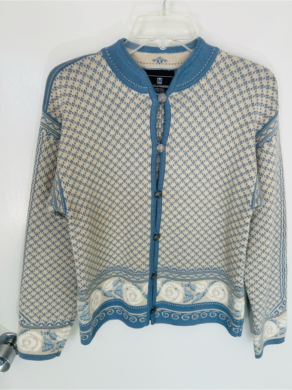 Dale of Norway Blue & Cream Nordic Knit Cardigan w/ Floral Rose Border, Small
